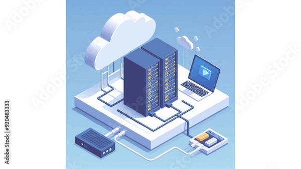 Fototapeta isometric vector of a server rack connected to a cloud 