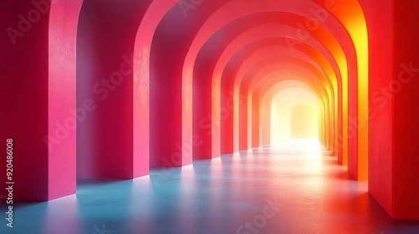 Fototapeta A long red tunnel with a bright yellow light shining through it
