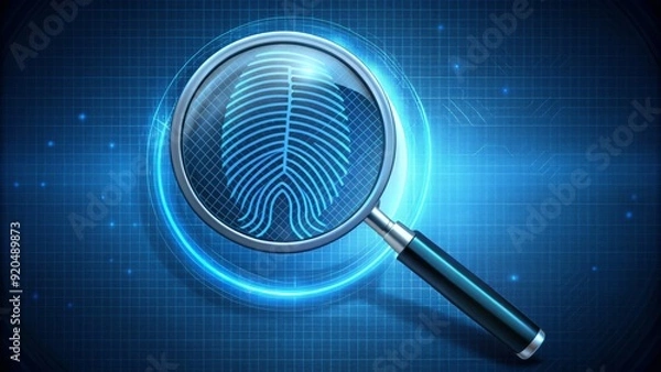 Fototapeta Magnifying glass icon with a DNA helix and fingerprint patterns, symbolizing forensic science and investigation, on a dark blue background with subtle grid texture.