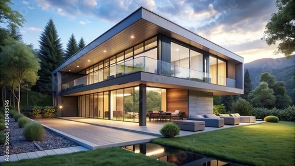 Fototapeta Minimalist modern residence with sleek thin lines and large windows blending into the surrounding landscape with a serene natural atmosphere.