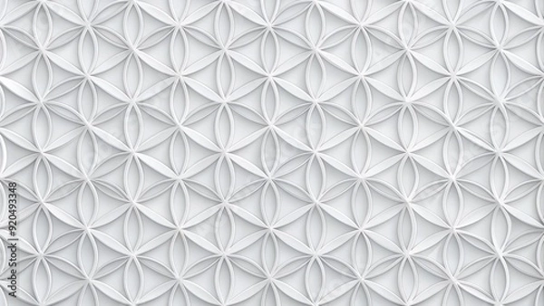 Fototapeta Minimalist white background features a geometric pattern of small, interconnected circles in a repeating sequence, creating a calming and harmonious visual effect.