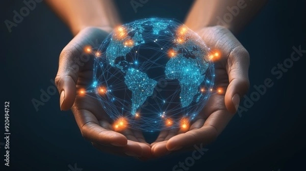 Obraz global connectivity design, abstract digital network, hands holding connections, virtual global network, modern technology art, abstract tech hands, global network concept, palm hands digital art, tec