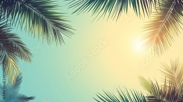 Fototapeta retro minimal travel design,, palm tree leaves on sun, vintage summer poster, minimalist vacation background, holiday tropical design, summer sunshine banner, abstract travel poster, retro summer sky 