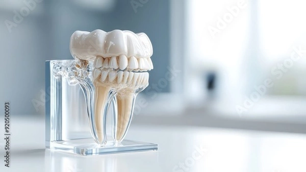 Fototapeta 3D render of transparent dental model showing root system and bone structure.