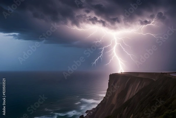 Fototapeta A powerful lightning strike over a coastal cliff with the ocean in the background, AI Generated
