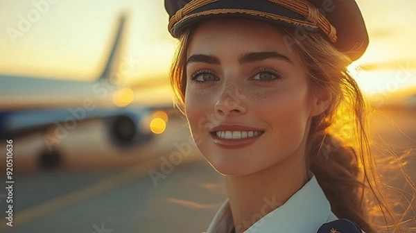 Fototapeta Smiling female pilot in uniform with airplane in background.