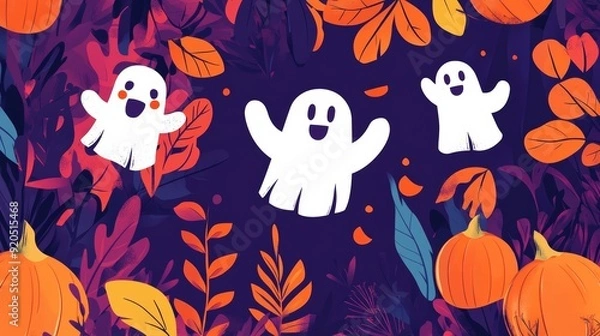 Fototapeta Happy Halloween. Vector cute modern illustration of ghost, logo, pumpkin, abstract shapes, for banner, poster, flyer, background or pattern 