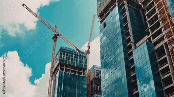 Fototapeta Tower cranes on the construction buildings