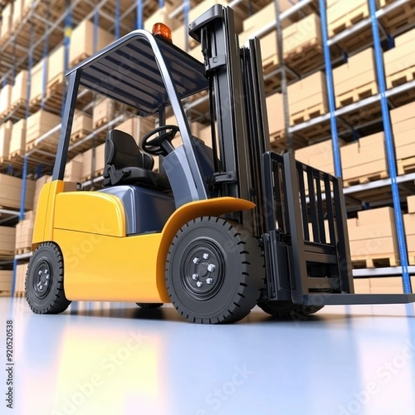 Fototapeta Yellow forklift navigating a bustling warehouse filled with stacked boxes