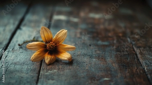 Fototapeta A wilted flower lying alone on a rustic wooden table, its petals slightly faded, evoking a sense of melancholy and nostalgia.