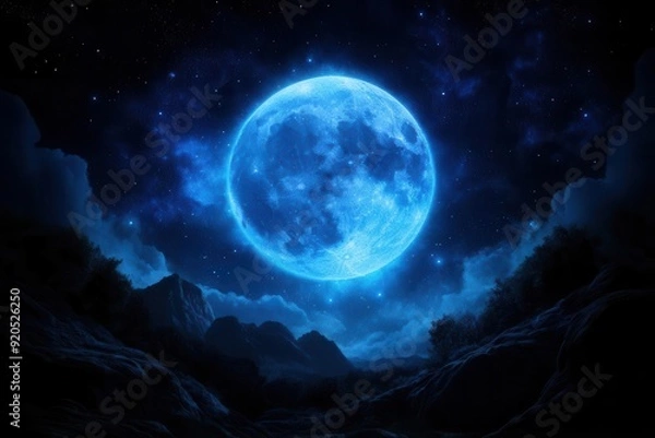 Fototapeta A stunning blue full moon shining brightly in a starry night sky over dark mountains, creating a magical atmosphere.