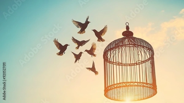 Fototapeta Birds escaping from an open birdcage, their wings spread wide, representing the concept of freedom, set against a bright sky.