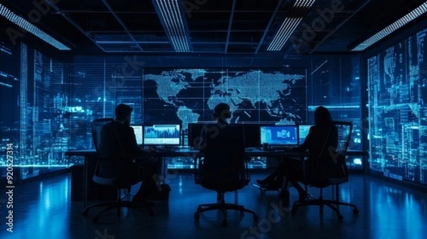 Fototapeta Cybersecurity Experts Working in a Modern Control Room