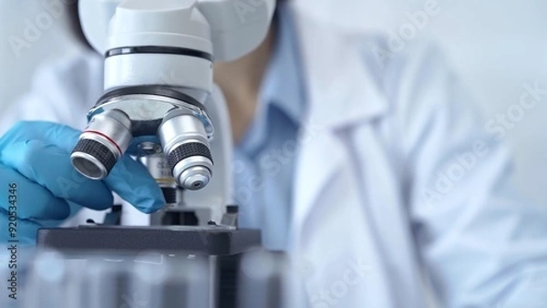 Fototapeta Scientist using microscope in laboratory. Close-up of a researcher's hands adjusting a modern microscope in a lab setting. Science concept