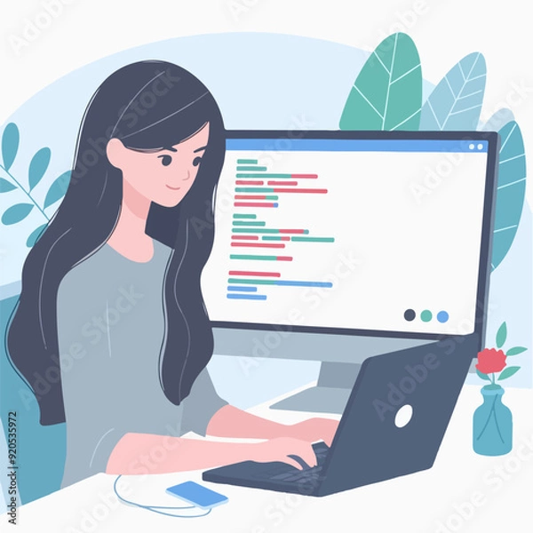 Fototapeta Coder female as professional programmer for web scripts tiny person concept Illustration 