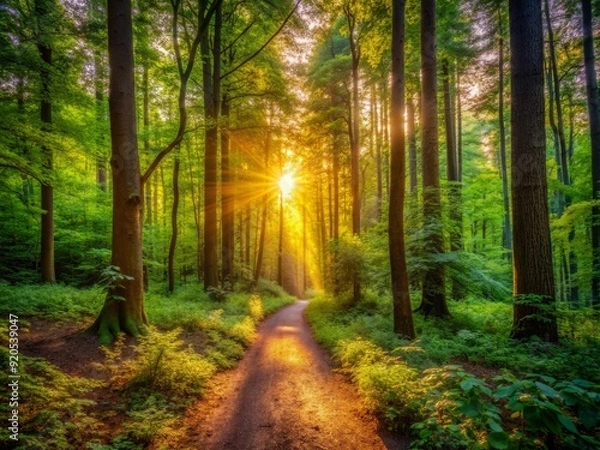 Fototapeta Serene sunlit forest trail at sunrise, surrounded by dense greenery, vibrant foliage, and towering trees, evoking a sense of tranquility and adventure in nature.