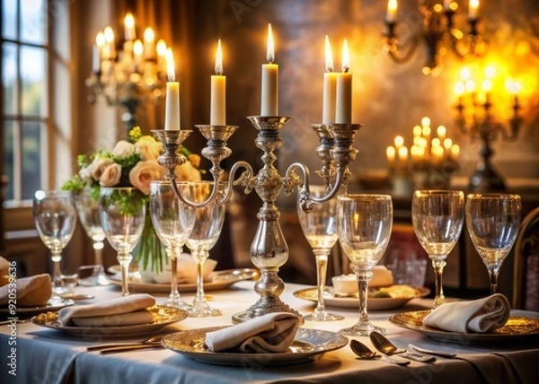 Fototapeta Luxurious formal dinner setting with ornate candelabras, fine china, crystal glasses, and crisp linens, evoking sophistication and refinement in an upscale hospitality atmosphere.