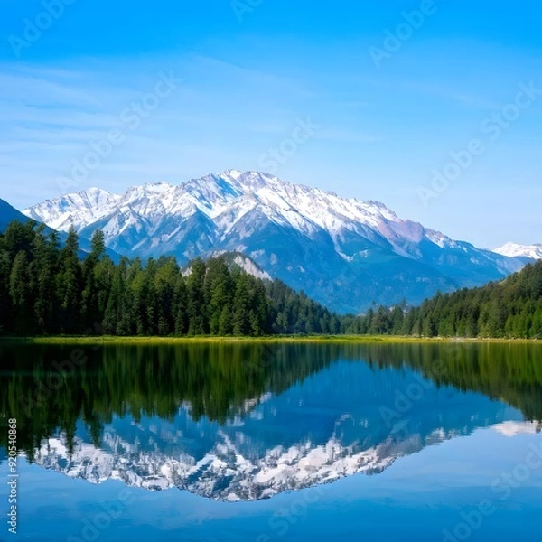Fototapeta Serene lakeside view with a reflection of snow-capped mountains and pine trees in the still water