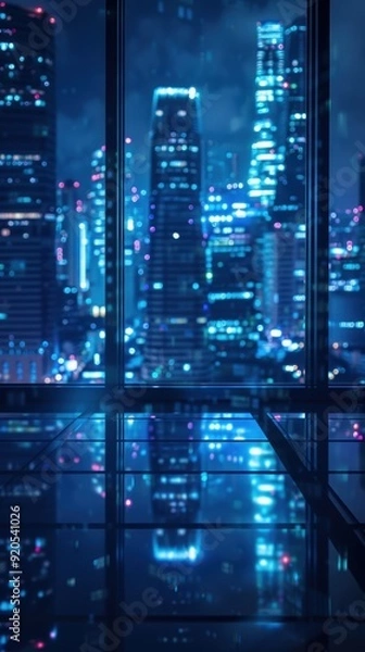Fototapeta A futuristic and minimalist office overlooking a blurry, high-tech city in a deep blue tone.
