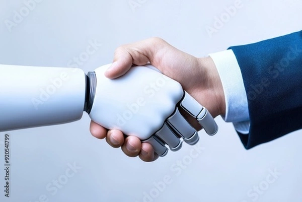 Fototapeta A human hand shaking a robotic hand, symbolizing collaboration between technology and humanity in a modern business setting.