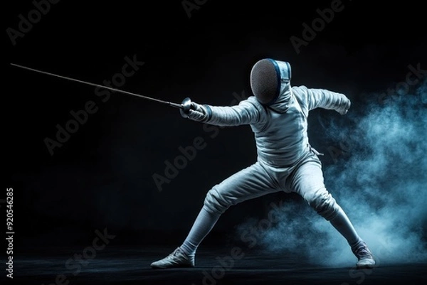 Fototapeta A fencer dressed in full gear, including a mask and a reflective suit, strikes an aggressive pose with their sword against a smoky, dark background. Perfect for fencing enthusiasts.