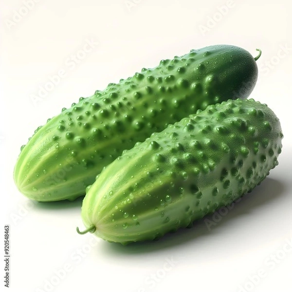 Obraz Close-up photo of a fresh, juicy green organic cucumber vegetable on a white background