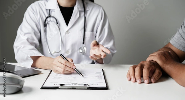 Fototapeta Female doctors who treat patients make an appointment to listen to the results after a physical examination and explain medical information and diagnose the disease. Medical concepts and good health