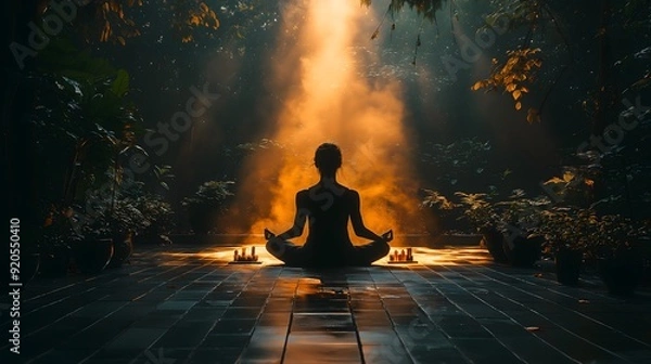 Obraz Person Meditating in a Peaceful Zen Garden with Nootropic Supplements Nearby, Surrounded by Lush Foliage and Illuminated by Soft, Golden Light, Creating a Serene and Focused Atmosphere