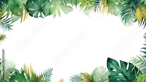 Fototapeta Frame leaves background with empty space. Variety of green tropical leaves, frame effect. The center of the image is blank, a clean whitespace. Tropical aesthetic. Foliage wallpaper.