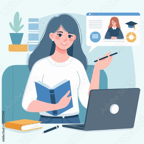 Fototapeta A woman sits at a desk, typing on a laptop while working on an assignment, a woman working on an assignment in front of a laptop