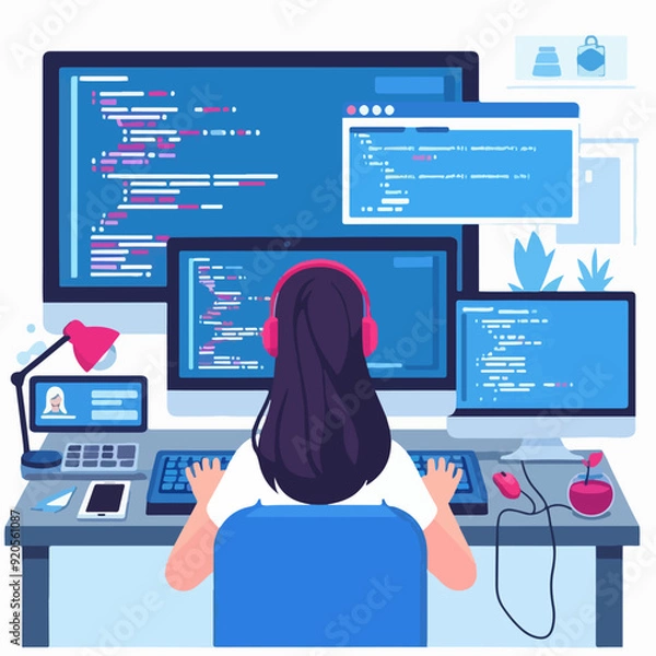 Obraz A woman sits at a desk, typing on a laptop while working on an assignment, a woman working on an assignment in front of a laptop