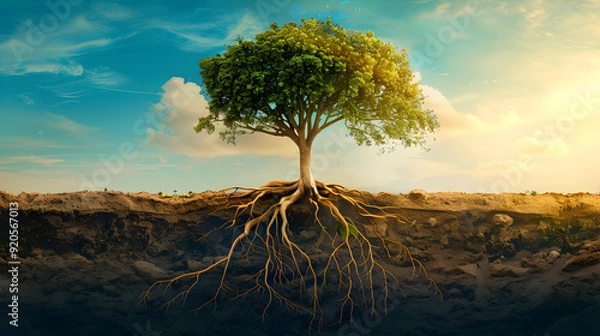 Obraz A tree with visible roots firmly planted in the ground, set against a clear blue sky