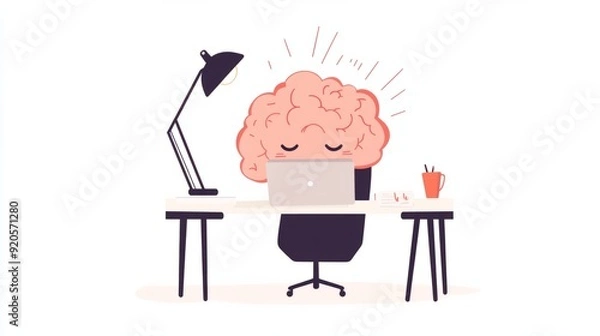 Fototapeta Cartoon illustration of cute unhappy overwork brain character on white color background. Flat doodle style design of burnout and tired brain need rest