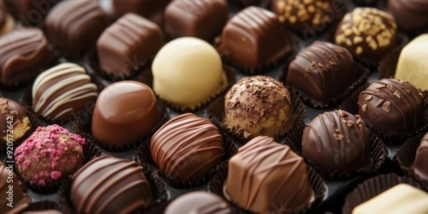 Fototapeta  elegantly arranged on a neutral background, showcasing a variety of shapes and textures. The high-quality chocolate pieces are perfect for promoti
