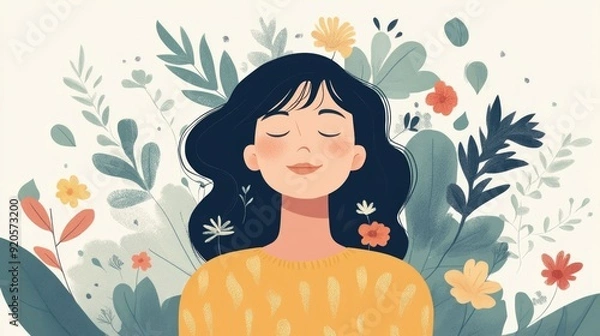 Fototapeta Embracing Self Compassion A Flat Design Promoting Mental Health Care and Wellness through Mindfulness Emotional Support and Personal Growth