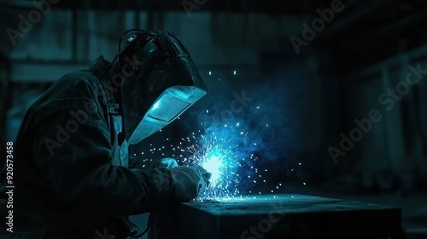 Fototapeta Wired worker welding with blue sparks in dark factory