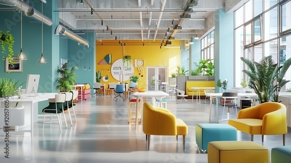 Fototapeta A modern office space with a bright and colorful design.