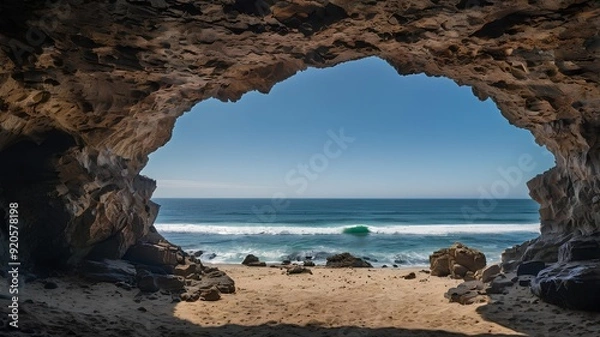 Obraz A tranquil scene of the ocean framed by the even edges of a sea cave, with the deep blue water and sky perfectly centered within the natural arch.
