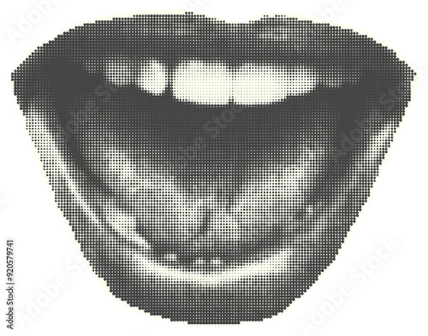Obraz Set of eyes, lips, ear in halftone style. Retro magazine cut out clippings. Punk y2k collage isolated sticker elements. Mouth and tongue on yellow background. Vintage design Vector illustration
