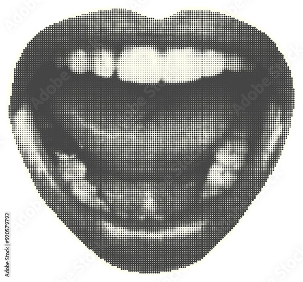 Obraz Set of eyes, lips, ear in halftone style. Retro magazine cut out clippings. Punk y2k collage isolated sticker elements. Mouth and tongue on yellow background. Vintage design Vector illustration