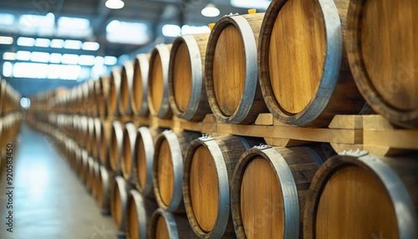 Fototapeta Wine barrels stacked in rows are ageing in a cellar