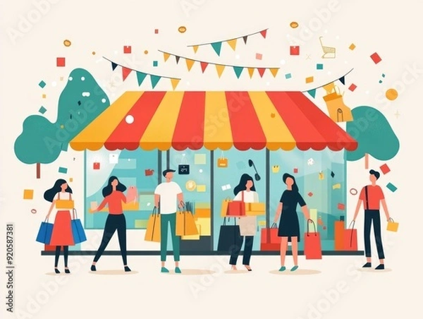 Fototapeta Flat design of customers enjoying retail promotions and discounts during a shopping festival event  The scene depicts a lively commercial setting with people shopping using shopping carts bags