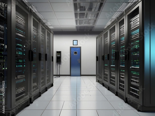 Fototapeta Servers racks walkthrough in Modern data center. Cloud computing datacenter server room. Cloud computing data storage 3d renderserver rack with servers,server rack with servers,server rack in a center