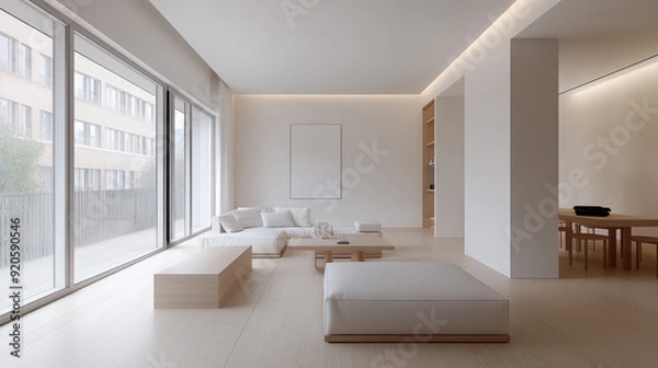 Fototapeta Minimalist living room with modern furniture, large windows, and natural light. Open layout with a simple, clean design.