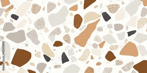 Fototapeta A seamless terrazzo texture featuring brown and beige stones on a light grey background..