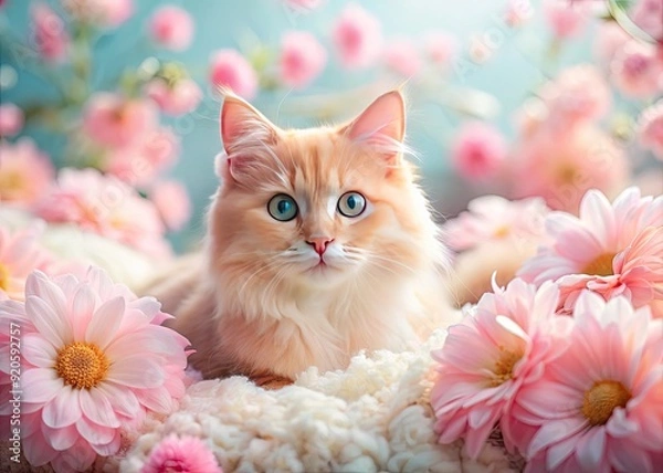 Fototapeta Adorable pink cat lounges on a soft, fluffy blanket, surrounded by pastel-colored flowers and petals, exuding sweetness and gentle tranquility in a serene atmosphere.