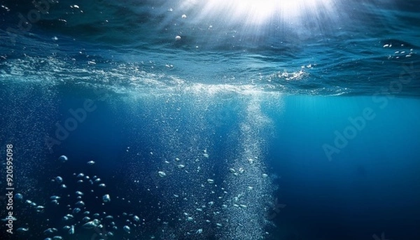 Fototapeta Underwater view with bubbles rising to the surface in a deep blue ocean. The image captures the serenity and mystery of the underwater world