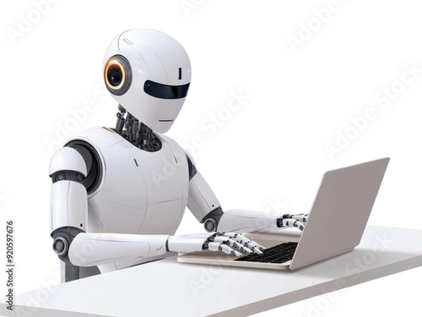 Fototapeta Futuristic robot typing on a laptop, showcasing advanced technology and artificial intelligence in a modern workspace.