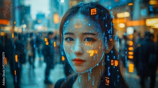Obraz AI facial recognition systems tracking individuals, detailed faces highlighted with biometric data, real-time tracking, ethical concerns