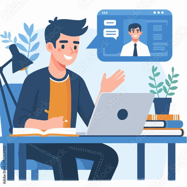 Fototapeta Young man working on computer. Business people sitting at office desk. Flat design vector 